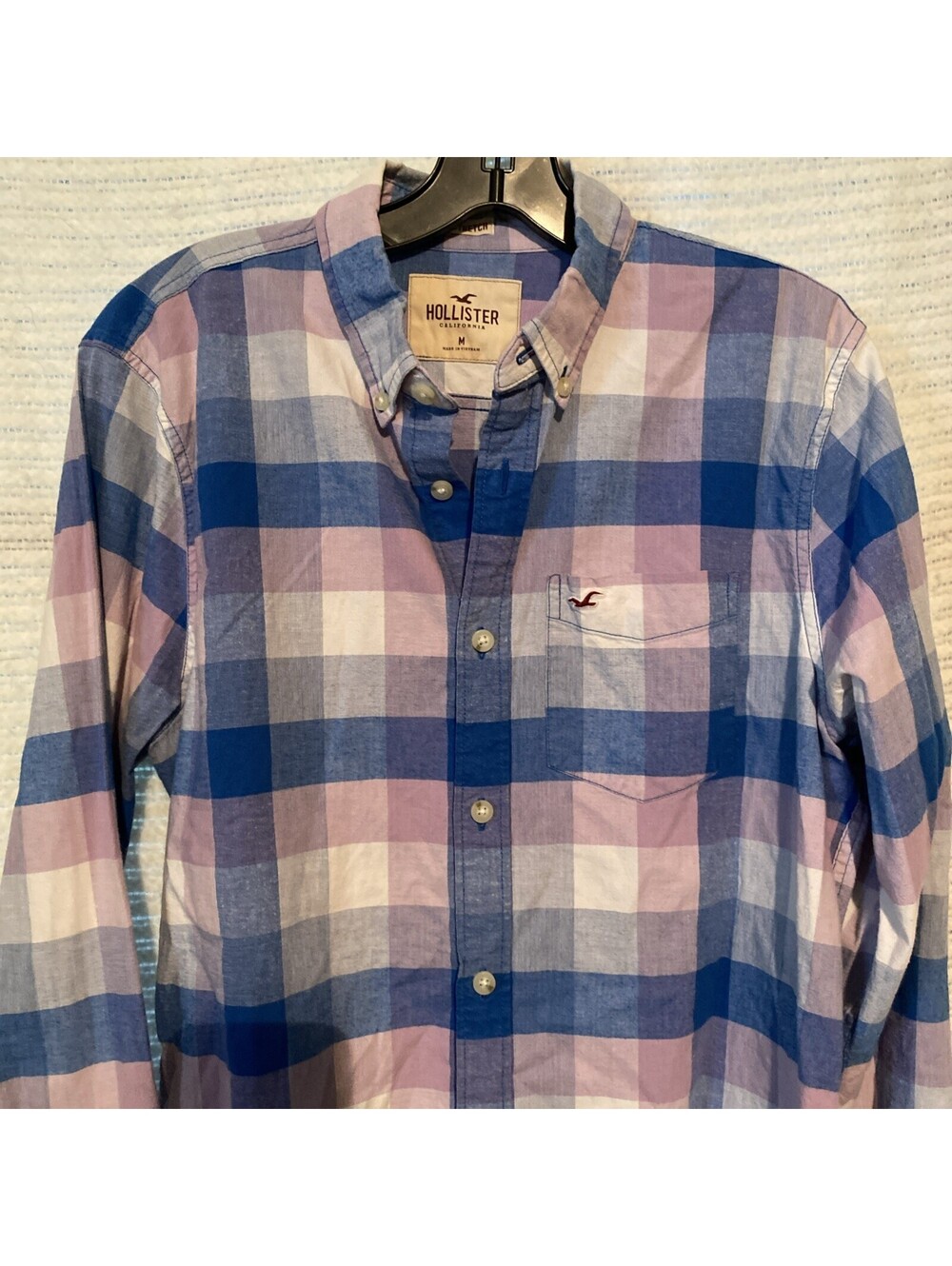Hollister Button Up Casual Shirt Mens Blue, Wht, Pink Plaid Long Sleeve Size M